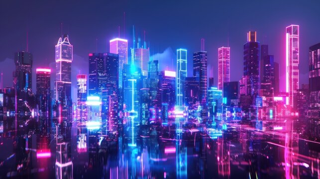 Futuristic skyline neon color with meta verse virtual reality technology concept. AI generated image