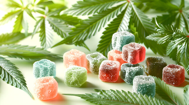 THCA gummies or Cannabis jelly candies with marijuana leaves on green background.