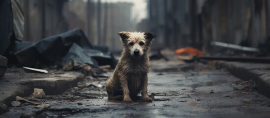 A small carnivorous dog breed is sitting in a dirty alleyway. This companion dog is also known as a working animal, used in events and as a working dog. It belongs to ancient dog breeds