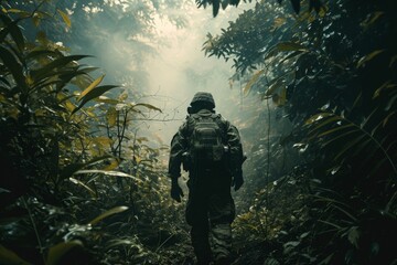 Man With Backpack Walking Through Forest, A lone special forces soldier separated from his team, navigating through dense wilderness, AI Generated - obrazy, fototapety, plakaty