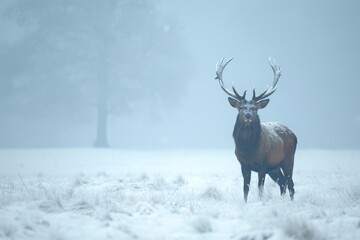Naklejka na ściany i meble A red deer stands in a winter landscape, surrounded by a field blanketed in snow, A lone stag standing in a snow-covered glade, AI Generated