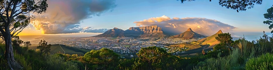 Wide panoramic mesmerizing aerial full cityscape view of Cape Town cityscape at sunset, Western Cape Province, South Africa. Generative AI