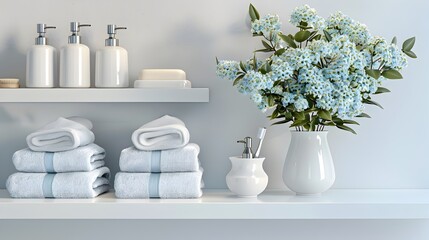 Elegant Bathroom Display: A Soothing Arrangement of Towels, Toiletries, and Fresh Flowers on a Wall-Mounted Shelf