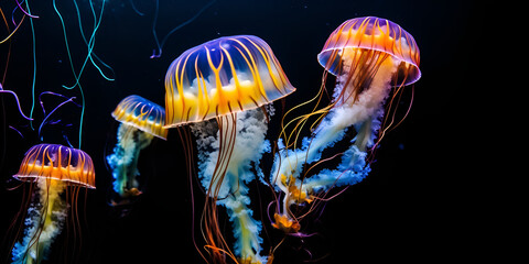 Medusas marinas brillantes sobre fondo oscuro - obrazy, fototapety, plakaty
