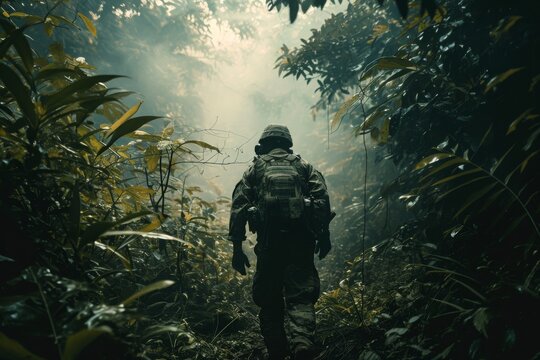 Man With Backpack Walking Through Forest, A lone special forces soldier separated from his team, navigating through dense wilderness, AI Generated