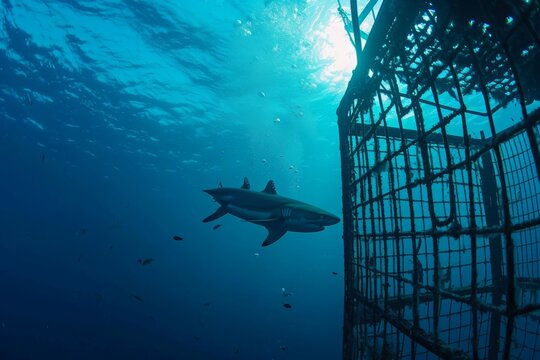 A massive shark effortlessly swims alongside a sturdy cage, creating a thrilling and intense underwater encounter, A lonely shark circling a fishing cage divers are peering through, AI Generated