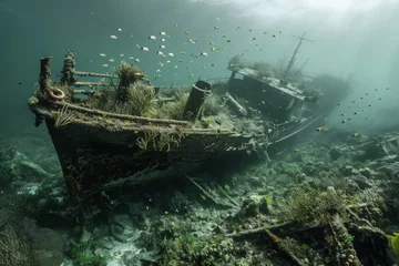Keuken foto achterwand A ship sits still in the vast expanse of the ocean, A lost shipwreck, overgrown with sea life, serves as a new oceanic habitat, AI Generated © Ifti Digital