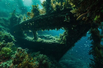 Underwater View of a Sunken Ship in the Ocean, A lost shipwreck, overgrown with sea life, serves as a new oceanic habitat, AI Generated