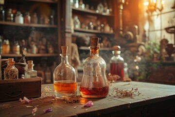 Two bottles of liquor are placed side by side on top of a table, A love potion brewing in an antique apothecary, AI Generated