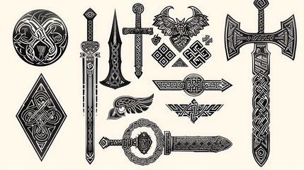 Viking design decorative celtic elements. Warrior vector graphics icons. Vikings warrior items in vector set DYI elements - Generative AI