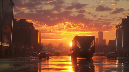 Urban sunset with vibrant skies and silhouette of traffic on wet road