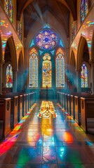 Obraz premium Illuminated interior view of a church with vibrant stained glass window reflections on the floor, emanating a serene spiritual atmosphere
