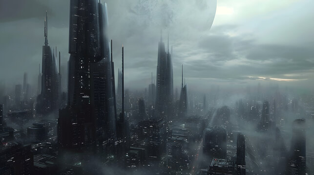 dark megapolis city of the future in misterious fog, generative ai