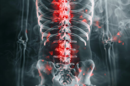 X-ray of a human spine on a gray backdrop, with the lumbar region highlighted in red