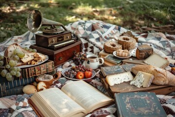 Vintage-inspired picnic setup with a gramophone, books, and assorted foods on a quilt.