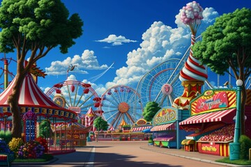 A Painting of a Carnival With Carnival Rides, A lively amusement park scene with roller coasters, ferris wheels, and cotton candy stands, AI Generated