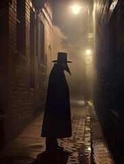 A shadowy character shrouded in mist stands under a lamppost on a cobblestone alley, evoking mystery and suspense - obrazy, fototapety, plakaty