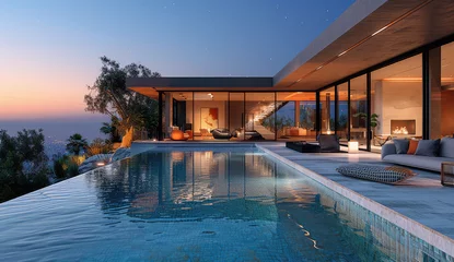 Fotobehang Modern luxury villa with pool on the cliff overlooking Los Angeles at dusk, interior design. Created with Ai © AllAbout