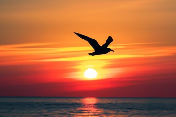 Fototapeta na wymiar Bird Flying Over the Ocean at Sunset, A lone bird silhouette flying across the sunset, AI Generated