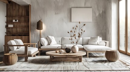 Digitally generated luxury Scandinavian interior scene with high quality furniture