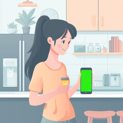 A woman holds a phone in her hands against the background of the kitchen.