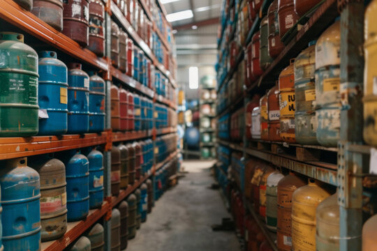 Stacked gas cylinders in a distribution warehouse - Powered by Adobe