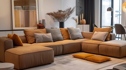 earthy colored corner couch with enlivening pads remaining in a brilliant lounge room inside