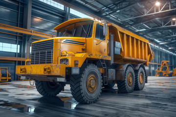 Yellow dump truck parked in an industrial warehouse, with a focus on logistics