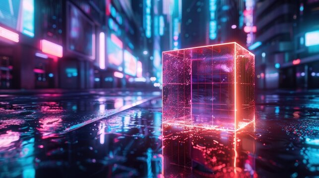 Digital futuristic 3d volumetric glowing cube in the city street with neon background. AI generated
