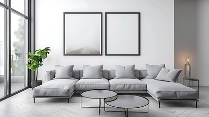 Elegant living room interior design with mock up poster frame grey corner sofa coffee table