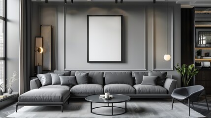 Elegant living room interior design with mock up poster frame grey corner sofa coffee table