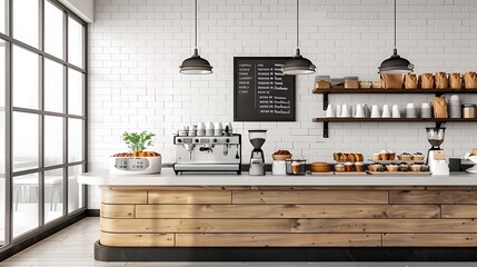 Empty Coffee Shop Interior With Coffee Maker Pastries Desserts And Menu On The Wall