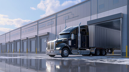 Sleek black semi truck parked at the shipping bays of a warehouse, reflecting on a wet floor