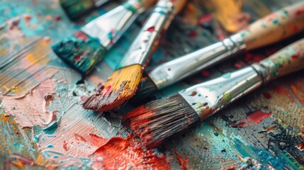 Obraz premium Close up dirty paint brushes lie on the board after being used by the painter artist. AI generated