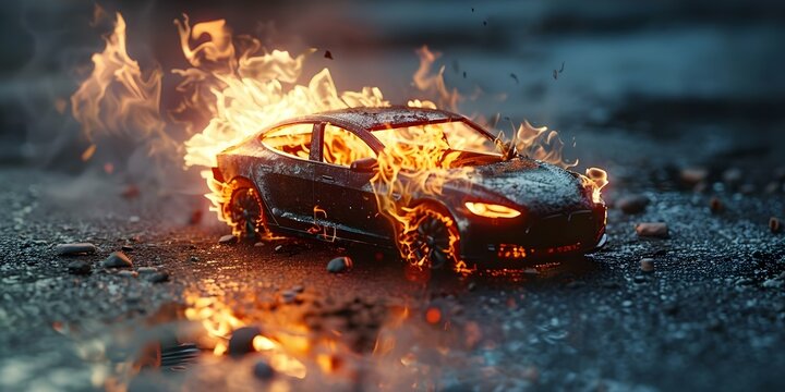 Image of a lithium battery fire in an electric car caused by thermal runaway due to damage or overcharging. Concept Thermal Runaway, Lithium Battery Fire, Electric Car, Damage, Overcharging