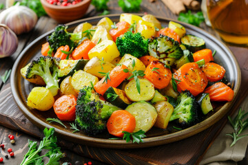 A plate of vegetables including broccoli, carrots, and potatoes