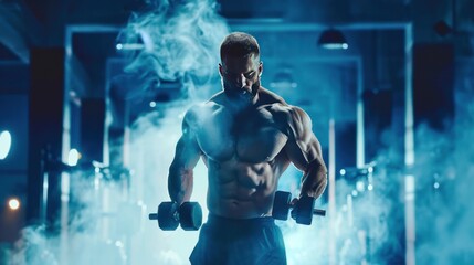 Obraz premium Happy attractive sports man athlete work out with dumbbells at gym sport center. AI generated image