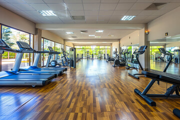 Exercise and fitness equipment in a vacant contemporary gym in a fitness center