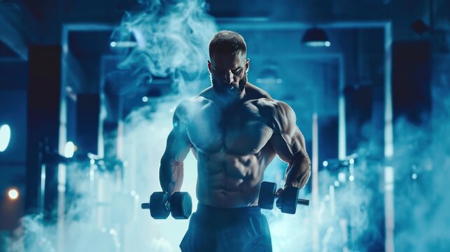 Happy attractive sports man athlete work out with dumbbells at gym sport center. AI generated image