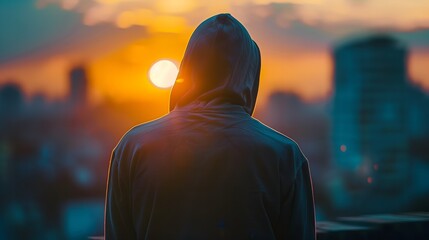 Solitary Figure in Hoodie Observing Sunset Over Urban Skyline at Dusk. AI.