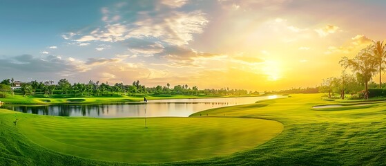 Green grass golf course landscape with sunset sky. Luxury golf field and woods view panoramic lake. Country golf course club