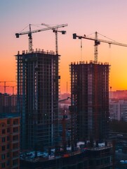 Fototapeta premium Towering Construction Cranes Over High-Rise Buildings at Sunset in Urban Skyline. AI. 