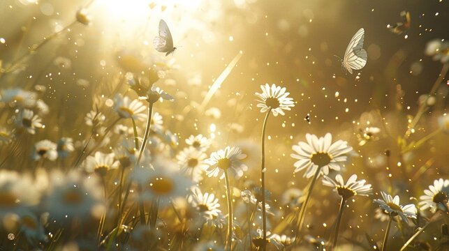 Fototapeta Sunlight filtering through a field of daisies, creating a dreamlike atmosphere where butterflies roam freely, adding a touch of magic to the summer scene.