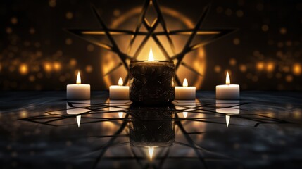 On a black table with a reflective surface there is a central candle, followed by four more. A pentagram is visible in the background. - obrazy, fototapety, plakaty