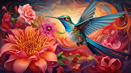 Obraz premium A colorful hummingbird flits among bright colors, including yellow with an orange center and pink with a red center.