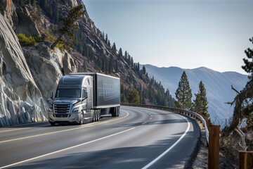 Modern semi truck on a winding mountain highway with scenic views