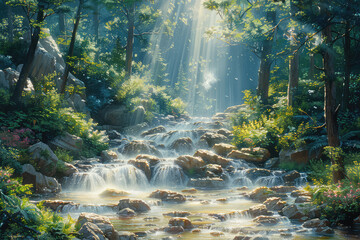 Waterfall in the forest, Beautiful landscape. Created with Ai