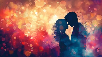 In silhouette, a couple embraces against a bokeh background, their love shining brightly amidst the blurred lights, creating a mesmerizing and romantic scene.