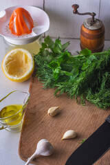 Ingredients for making green sauce. Cooking. Healthly food.