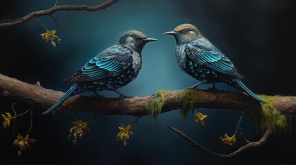Fototapeta premium Two starlings are sitting on a mossy branch. Background blue.